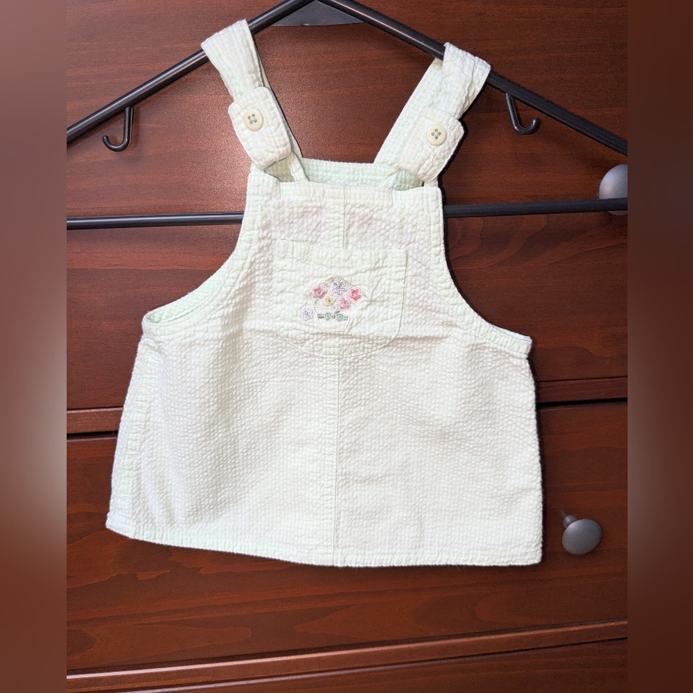 McBaby Seersucker Green And White Dress With Floral Embroidery Vintage '90s